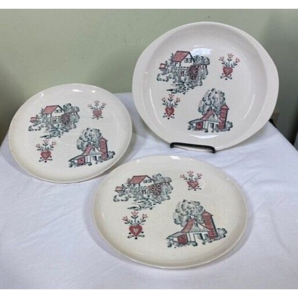 Vtg Marcrest Ovenproof Stoneware Platter & Plates Mid-Century Country Folk Art